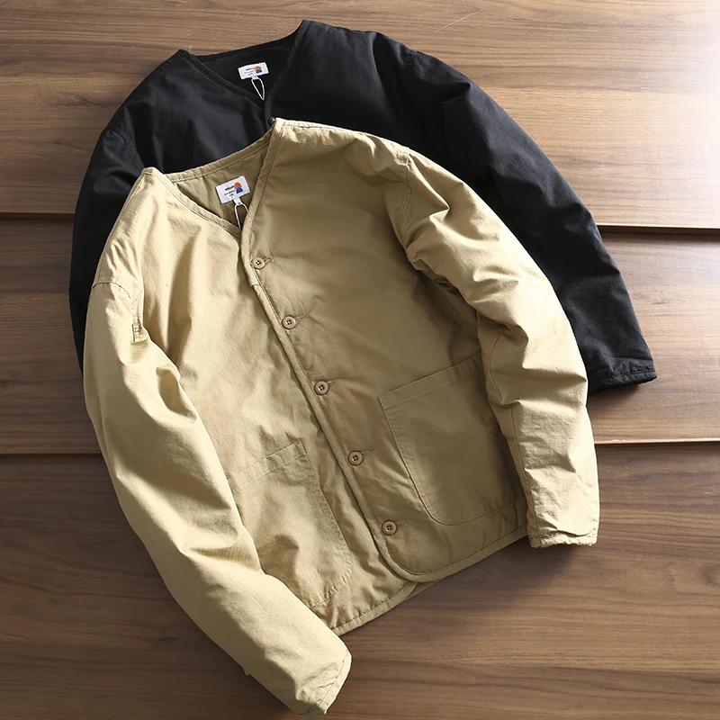 

Retro Loose Fit Cotton Jacket for Men without Collar Autumn Winter Casual Wear Thickened Pure Color Button up Youth Style