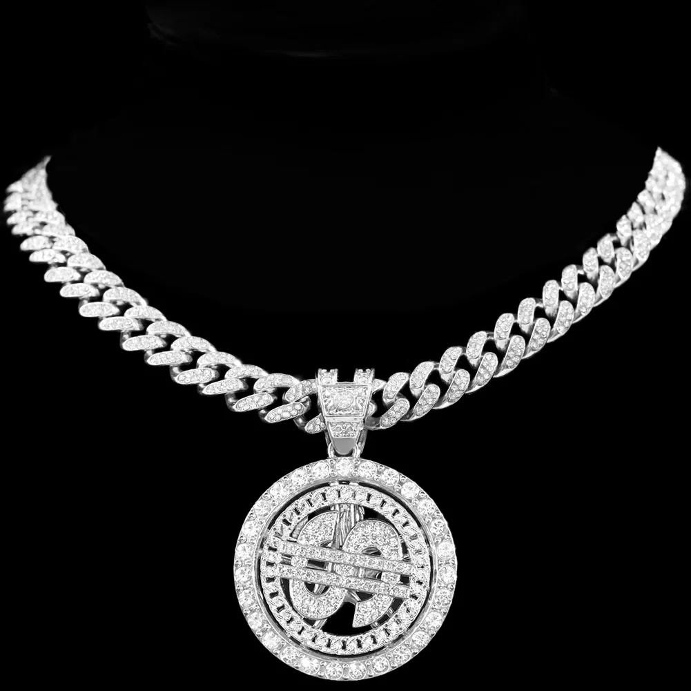 Men Hip Hop Cuban Link Chain Rotatable Dollar Pendant Necklace Iced Out Bling Zircon Stainless Steel Chain Necklaces Jewelry