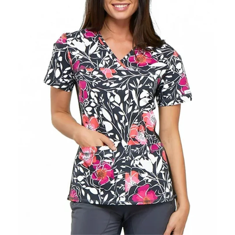 Uniforme quirúrgico con estampado de enfermera para mujer, camiseta de manga corta con cuello en V, uniforme quirúrgico informal