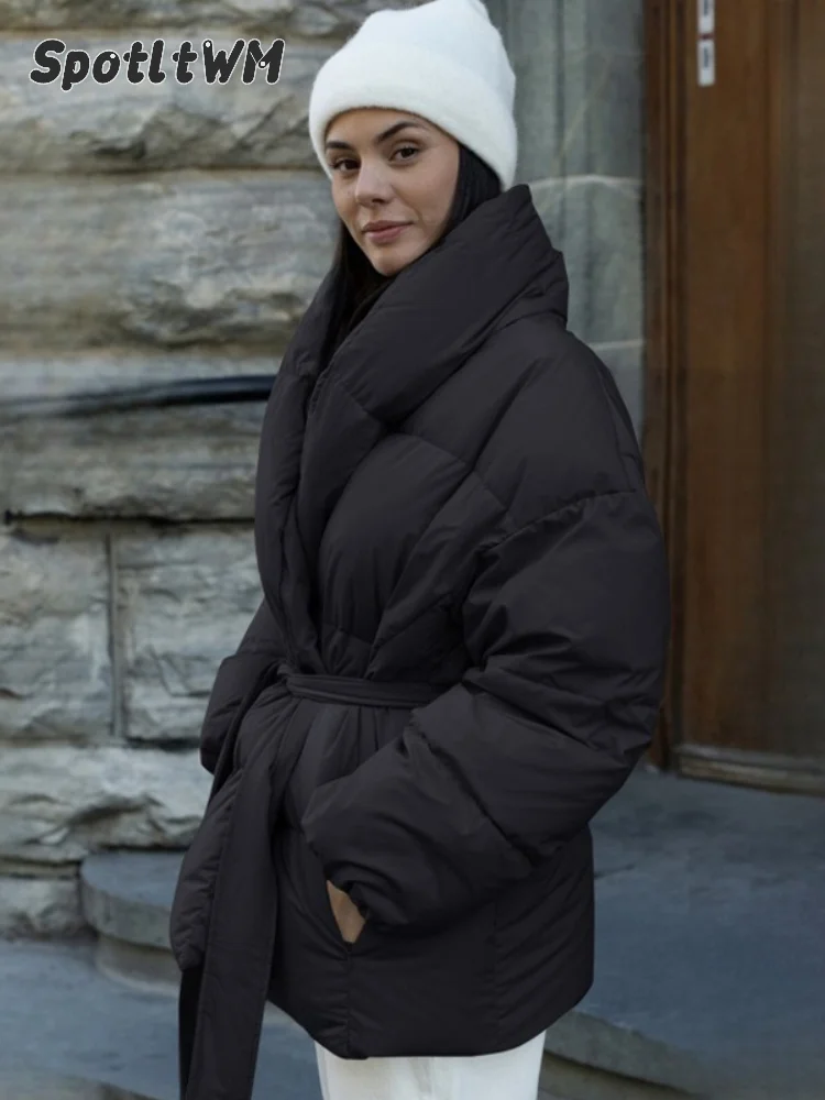 Women Winter Padded Puffer Jacket Black Wrap V Collar Belted Waist Long Sleeve Solid Warm Elegant Lady Casual Daily Outerwear