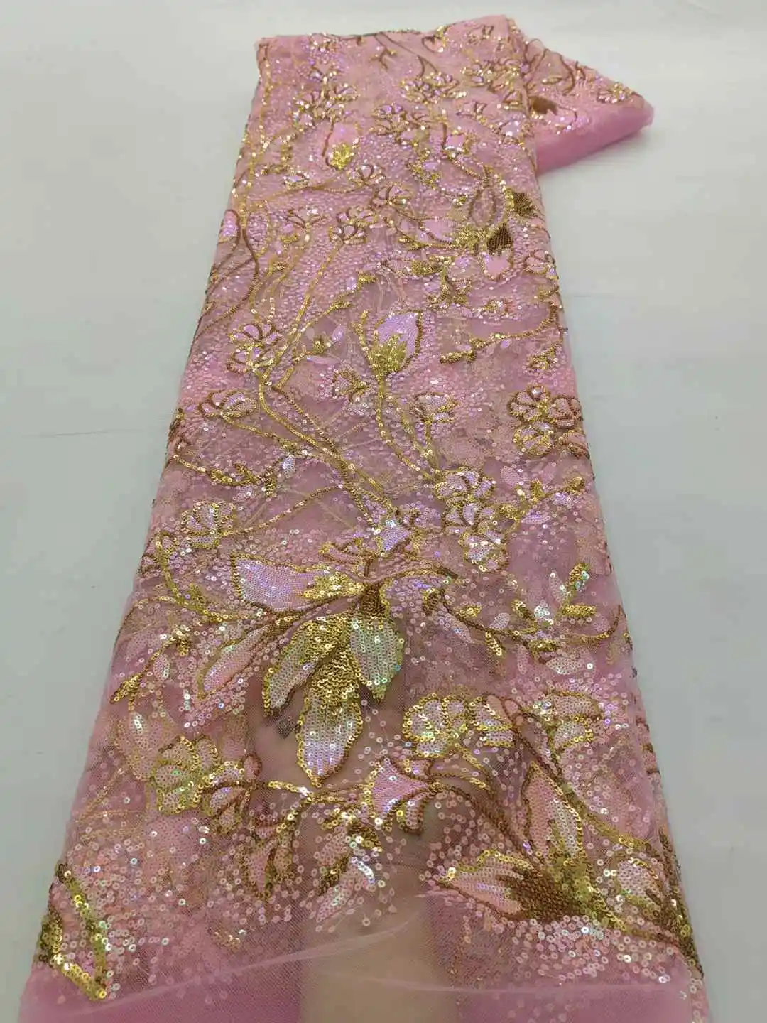 

Elegant French Tulle Embroidery 2026 Pink Sequins Lace Fabric African Nigerian Sequins Lace Fabrics For Wedding Dresses Women