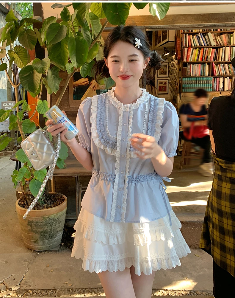 Japanese Sweet Preppy Style Ruffles Splicing Round Neck Puff  Short Sleeve Single Breasted Drawstring Slim Shirts Blouses Women