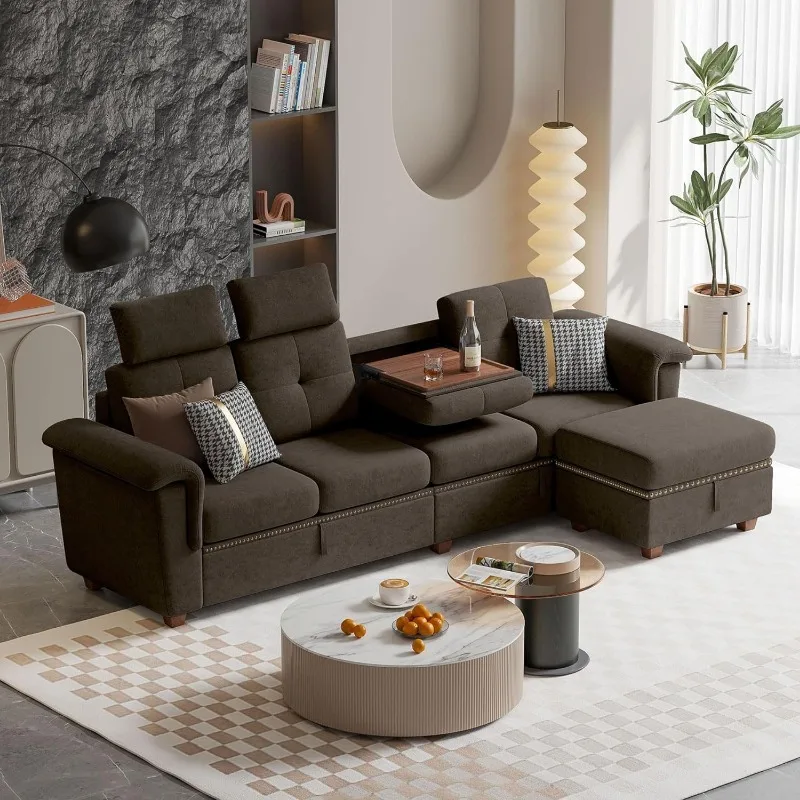 Convertible Sectional Sofa with Storage, 4 Seat L Shaped Couch with Chaise and Cup Holder, Modern Microfiber Fabric Sofas