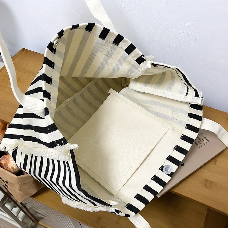 Fashionable and versatile trendy women's canvas bag 2024 new striped large capacity high quality youth shoulder bag Bolsa