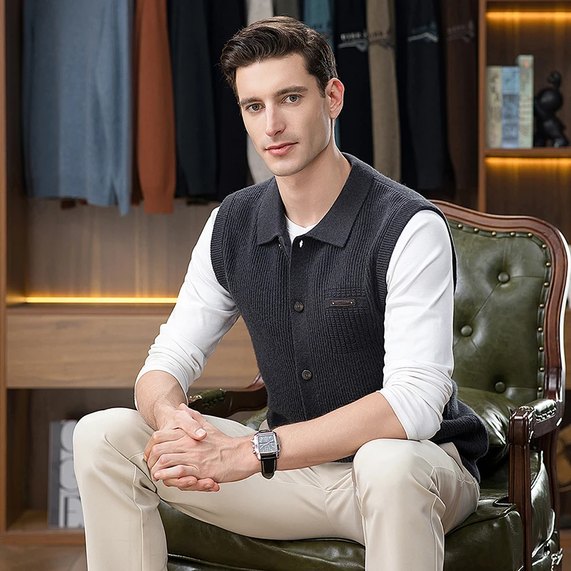 100% Sheep Wool Cardigan 2025 Autumn Trendy Men Single Breasted Knit  Vest Sleeveless Cashmere Wool Sweater Male Knit Waistcoat view 3
