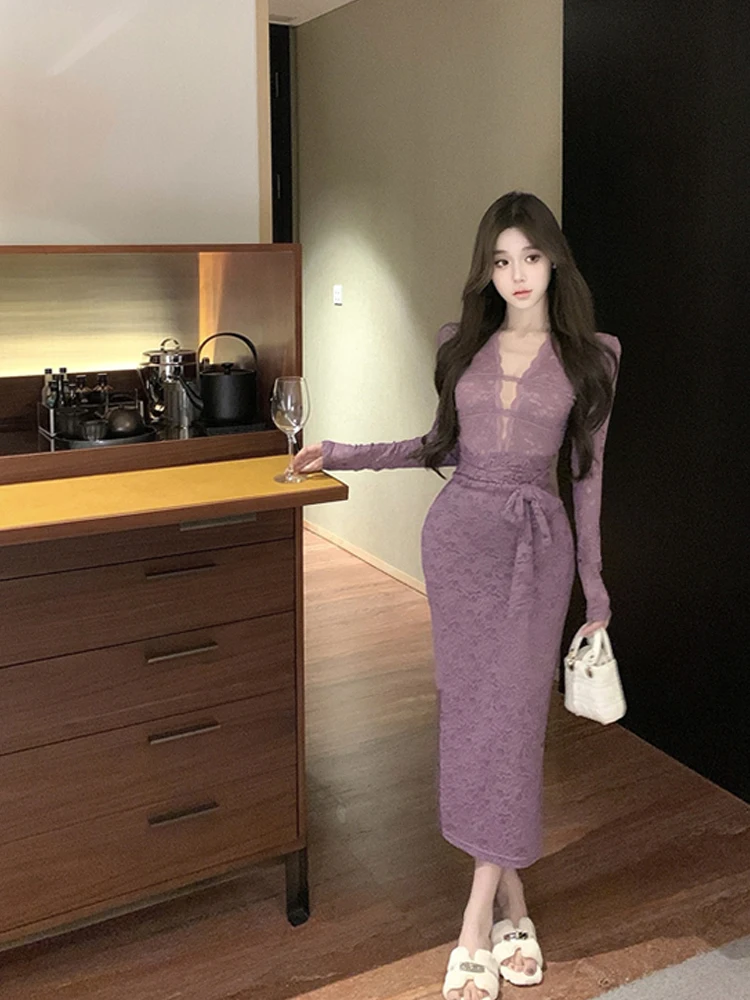 Dresses Women Elegant Sexy Lace Patchwork Long Sleeve Slim Vintage Fashion Temperament Party Dress Female Autumn 2025 New