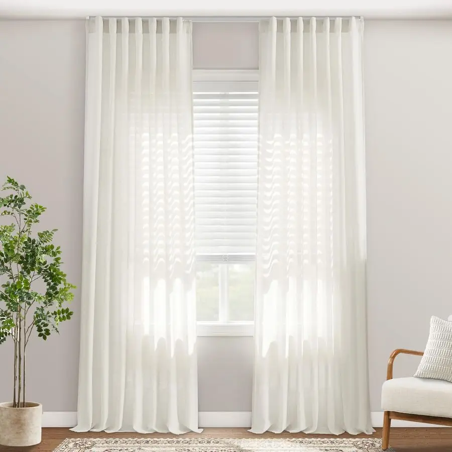 

Inch Long Linen Cotton Blend Curtains, Light Filtering Semi Sheer Ripple Fold Hooks Belt Curtains for Track System Living Room B