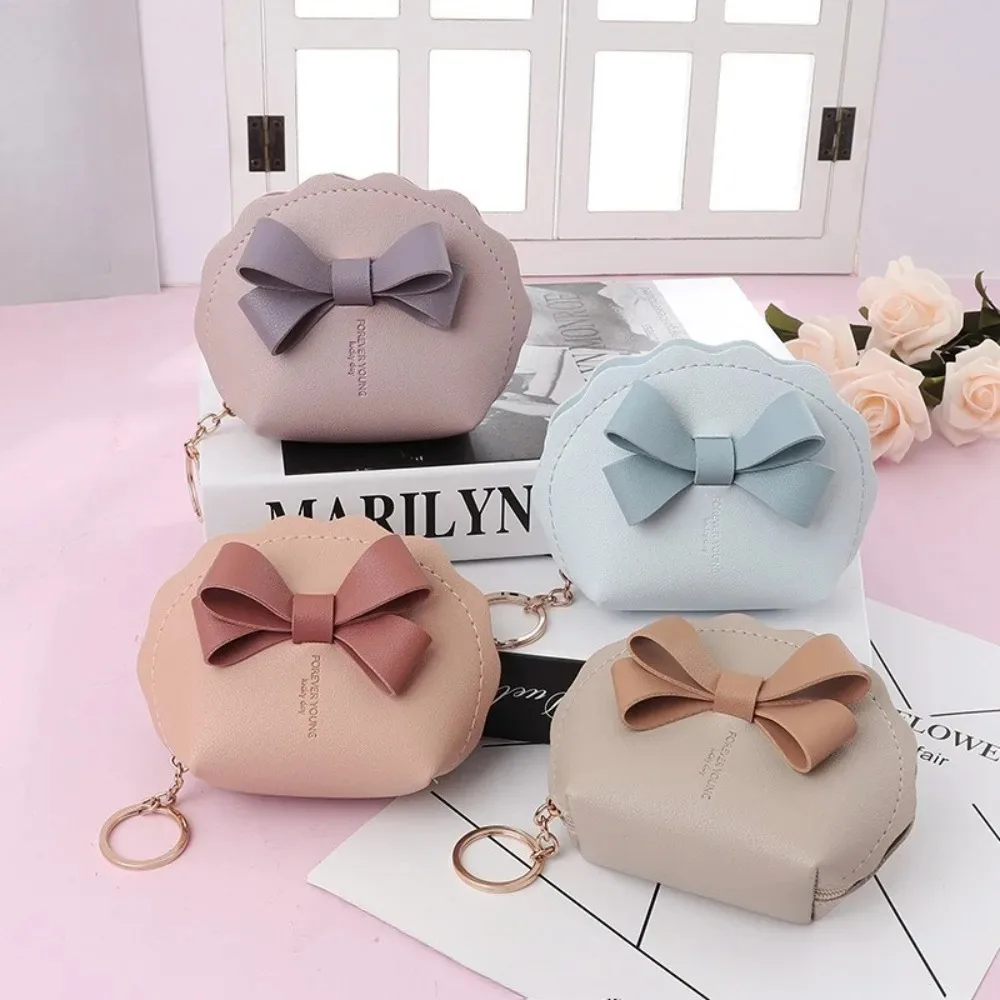 New College Style Bow PU Leather Keychain Mini Wallet Multifunctional Portable Lipstick Coin Storage Bag Zipper Coin Purse