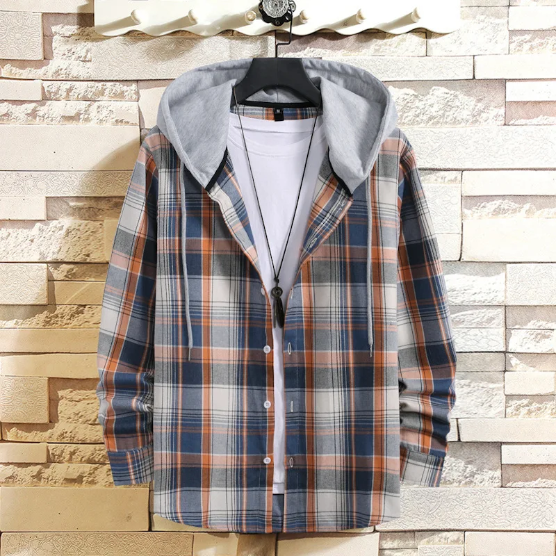 

Men's Hooded Casual Plaid Long Sleeve Shirt