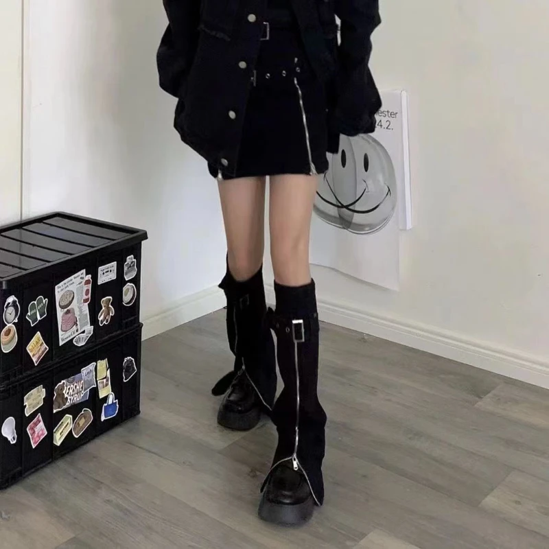 Y2k Goth Harajuku Zipper Adjustable Denim Foot Warmer Women 90s Vintage Punk Emo Pile Socks Gyaru Accessories Stockings Female