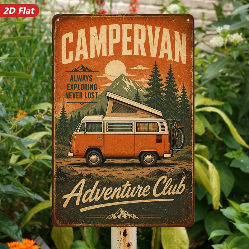 2D Flat, 1pc Metal Sign Wall Art, Vintage Campervan Wall Art, Adventure-Inspired Home Decor, Retro Style, Ideal for Living Room,