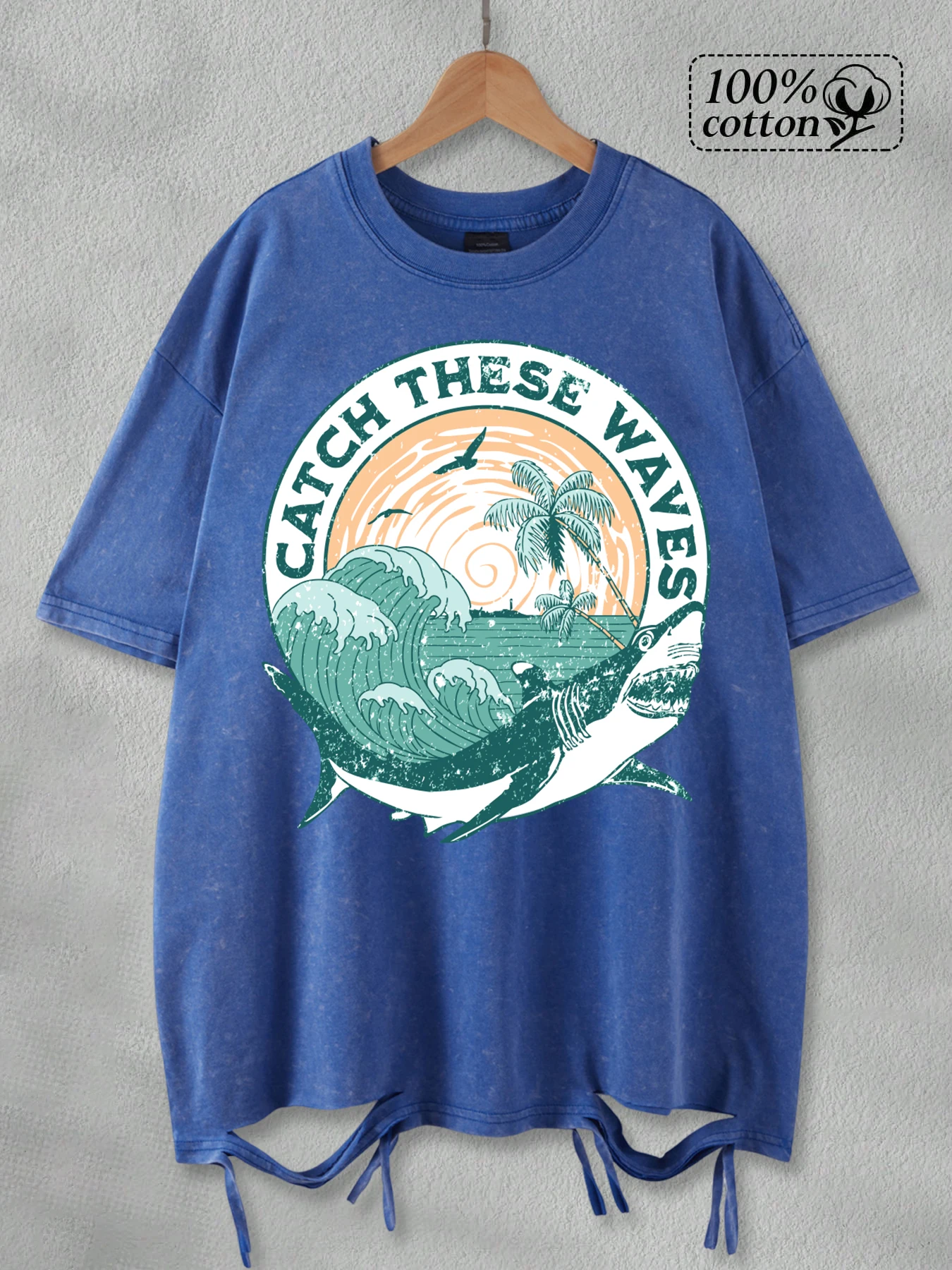 

Catch These Waves Shark Coconut Tree Print Washed Holes T Shirts Men Cotton Loose T-Shirt Street Vintage Top Summer Soft Clothes