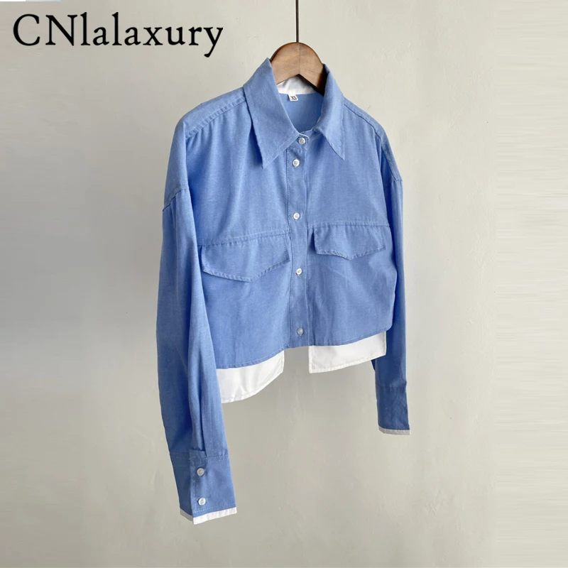 CNlalaxury Summer Woman New Stripes Shirts With Pocket Loose Casual Long Sleeve Crop Tops Female Vintage Overiszed Blouse Chic