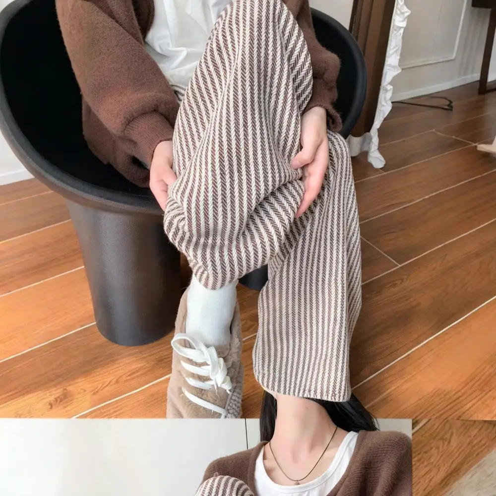 Autumn Winter Wide Leg Pants Women Brown Vertical Striped Elastic Waist Loose Straight Trousers Comfortable Casual Wear