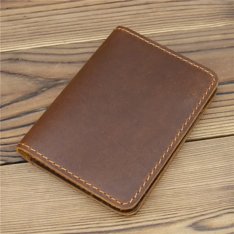 Porte-cartes en cuir marron vintage pour hommes, porte-cartes de crédit, cuir de vache ciré, conception simple, 2 mini pinces à billets pliées