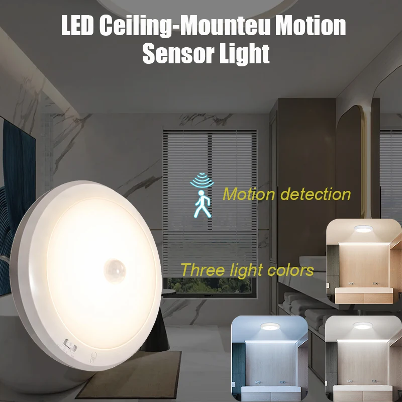 

1-2pcs Battery-powered LED ceiling light with motion sensor adjustable brightness for hallways stairwells corridors warehouse