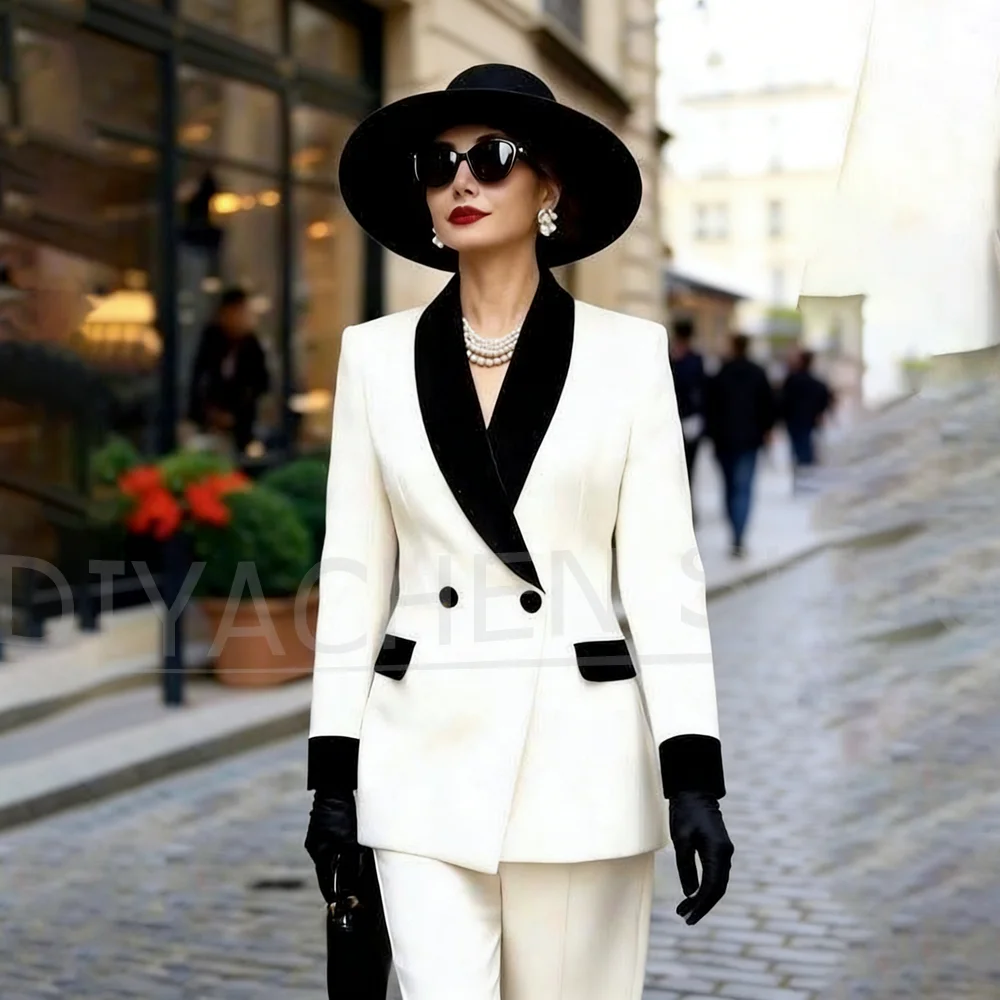 

Women Suit 2 Piece Set With Black Velvet Shawl Lapel Double Breasted Slim Fit Formal Blazer Pants For Office Wedding Party