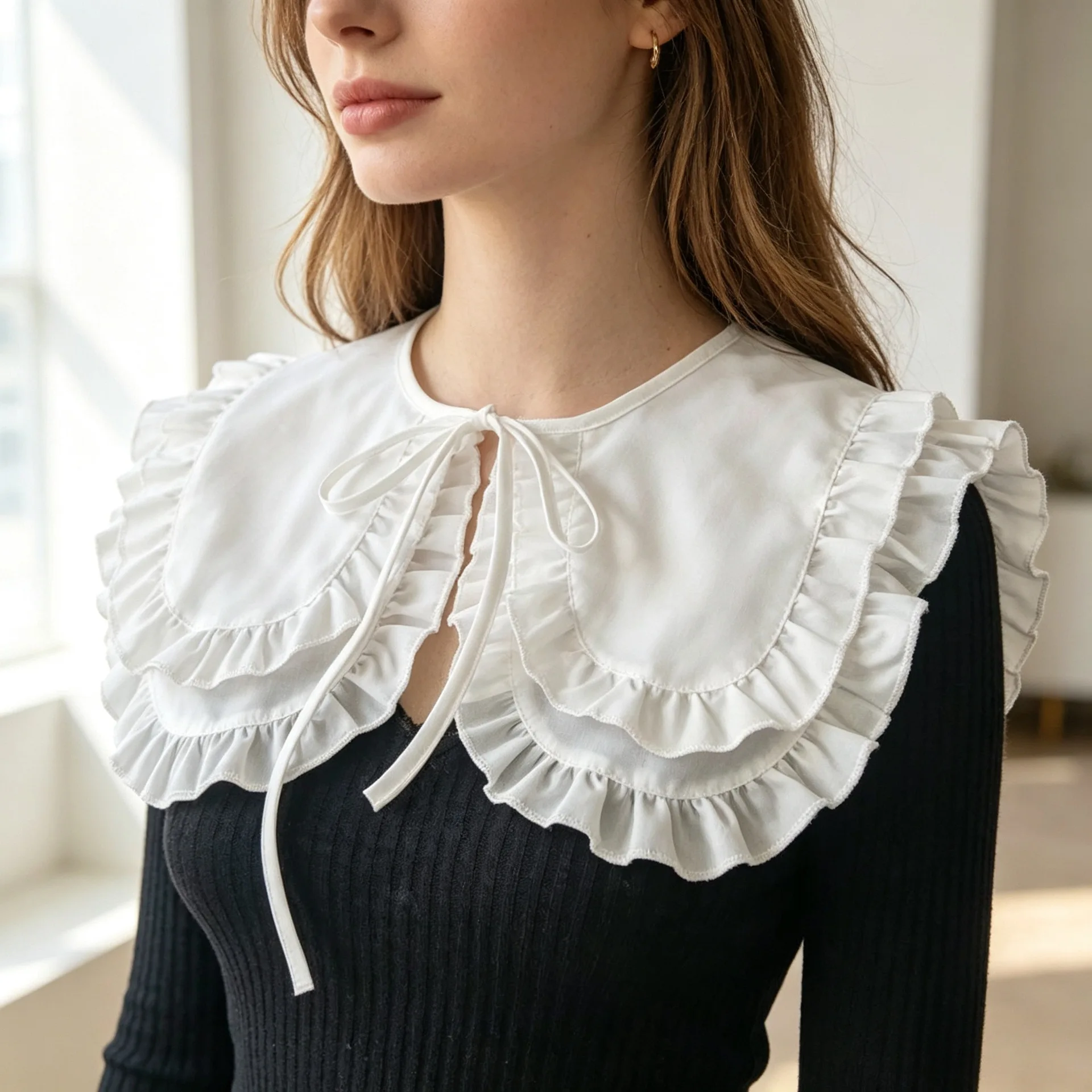 Women Versatile Double Layer Fake Collar Ruffled Doll Collar Large Lapel Lace Shawl Fashion Decorative Accessory