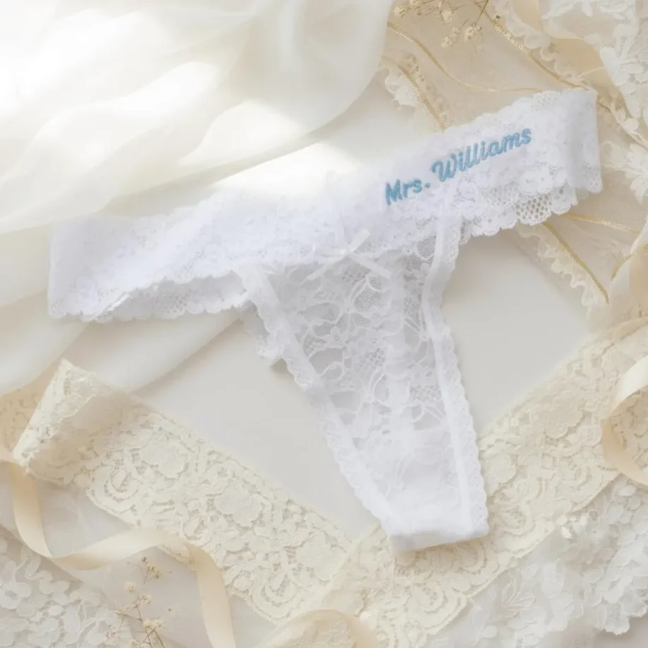 Personalized White Lace Bridal Thong, Lace Thong Panty Bridal, Mrs Bride Lace Thong, Custom Mrs Underwear Gift for the Bride Personalized White Lace Bridal Thong, Lace Thong Panty Bridal, Mrs Bride Lace Thong, Custom Mrs Underwear Gift for the Bride