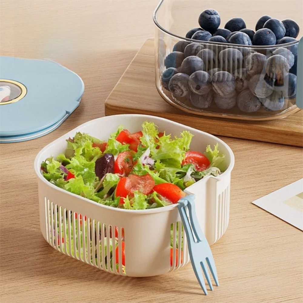 

Double-layer Drain Basket Fresh-keeping Easy Cleaning 2-in-1 Fruit Washing Basin Foldable Handle with Lid/Small Forks Drain Bowl