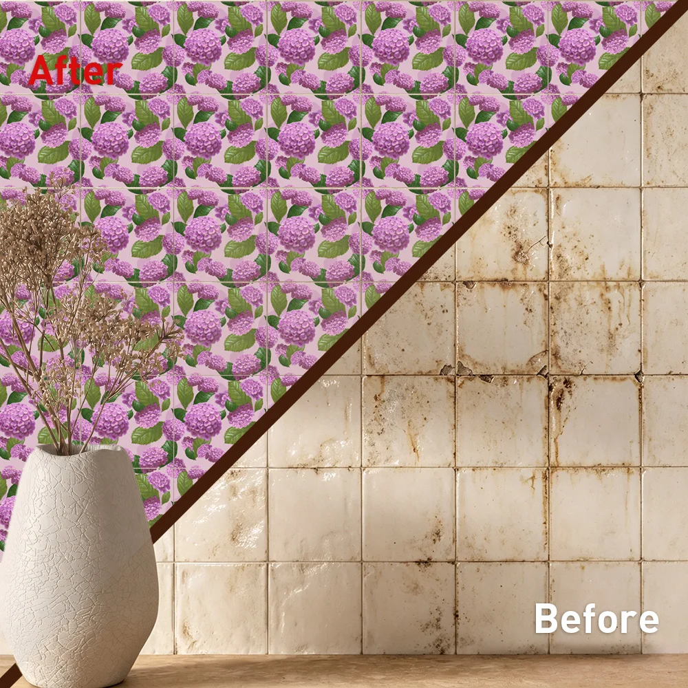 Pink Hydrangea Tile Decals Waterproof Peel and Stick Self Adhesive Oil Proof Backsplash Decals Floral Wallpaper for Cozy Decor
