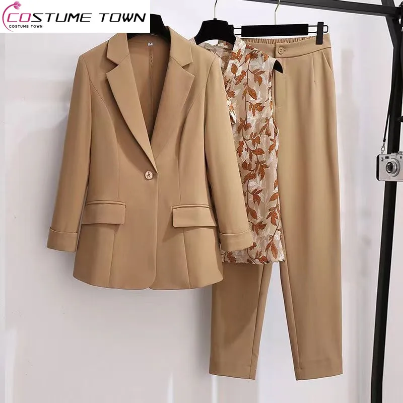 2023 summer new vintage print vest casual jacket blazer wide leg pants three-piece elegant women pants suit office outfit