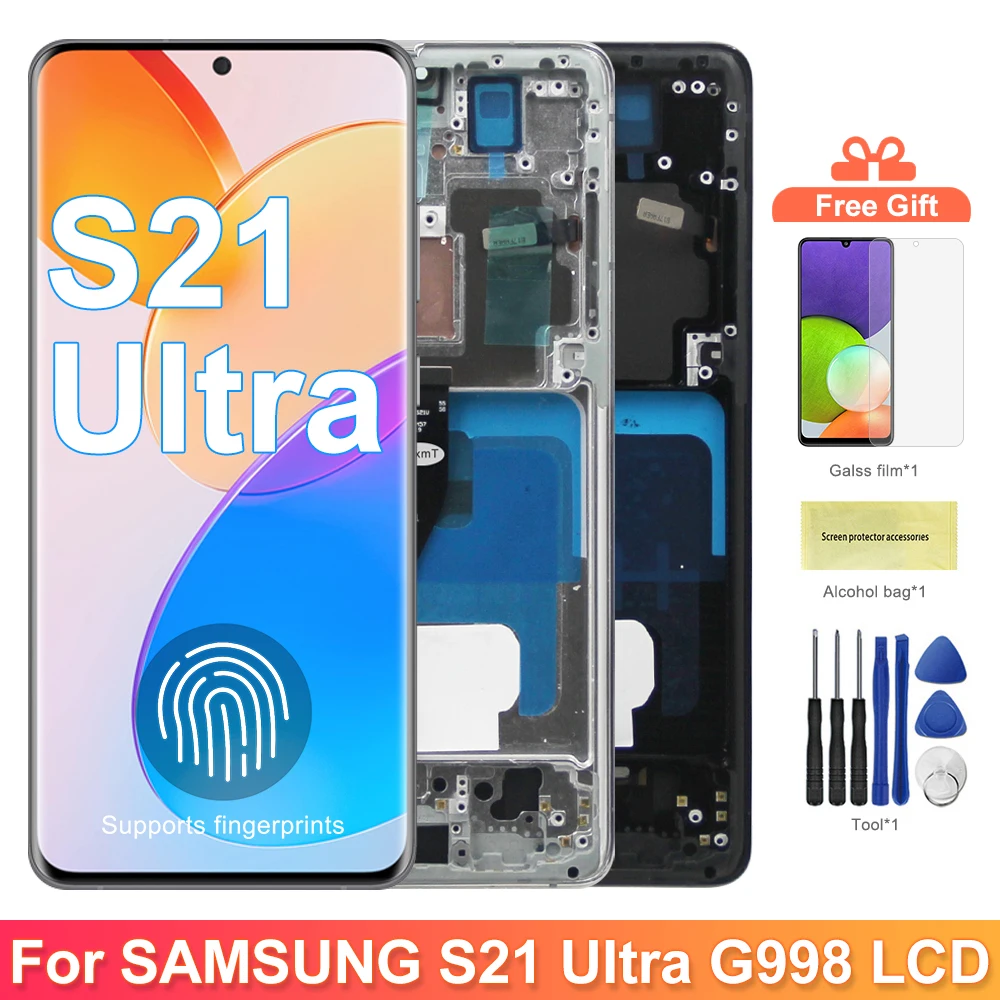 지문이 있는 삼성 갤럭시 S21 울트라 5G G998B G998B/DS Lcd 디스플레이 터치 스크린용 AMOLED S21 울트라 스크린 어셈블리 