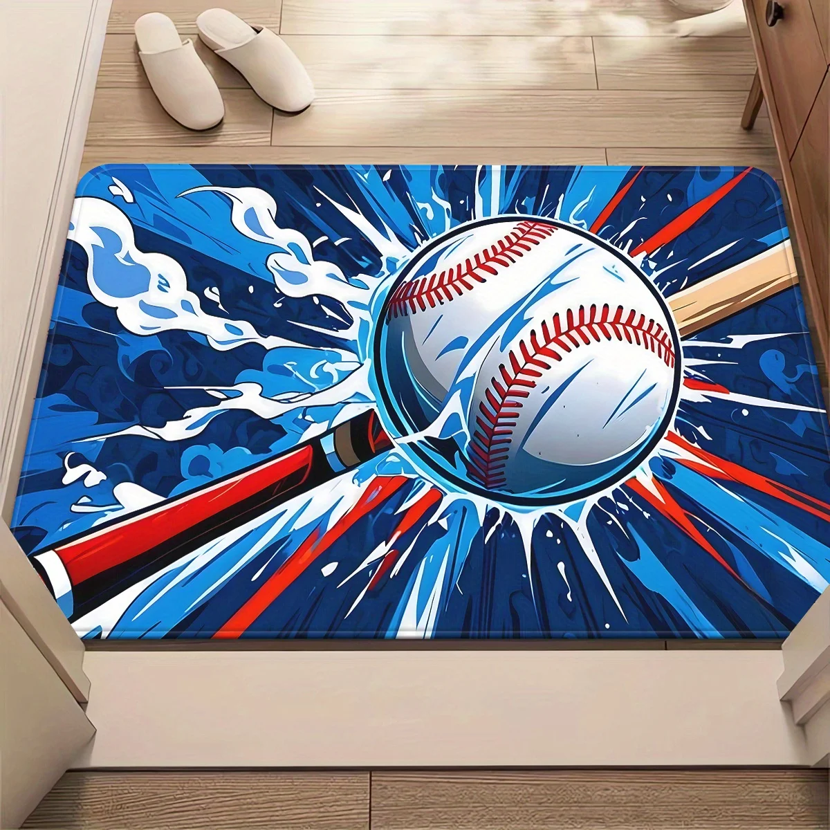 1pc 2D Flat Baseball Bat Hit Dynamic Action Blue Background Flannel Door Mat Non Slip Sports Rug For Entryway Bedroom FloorDecor