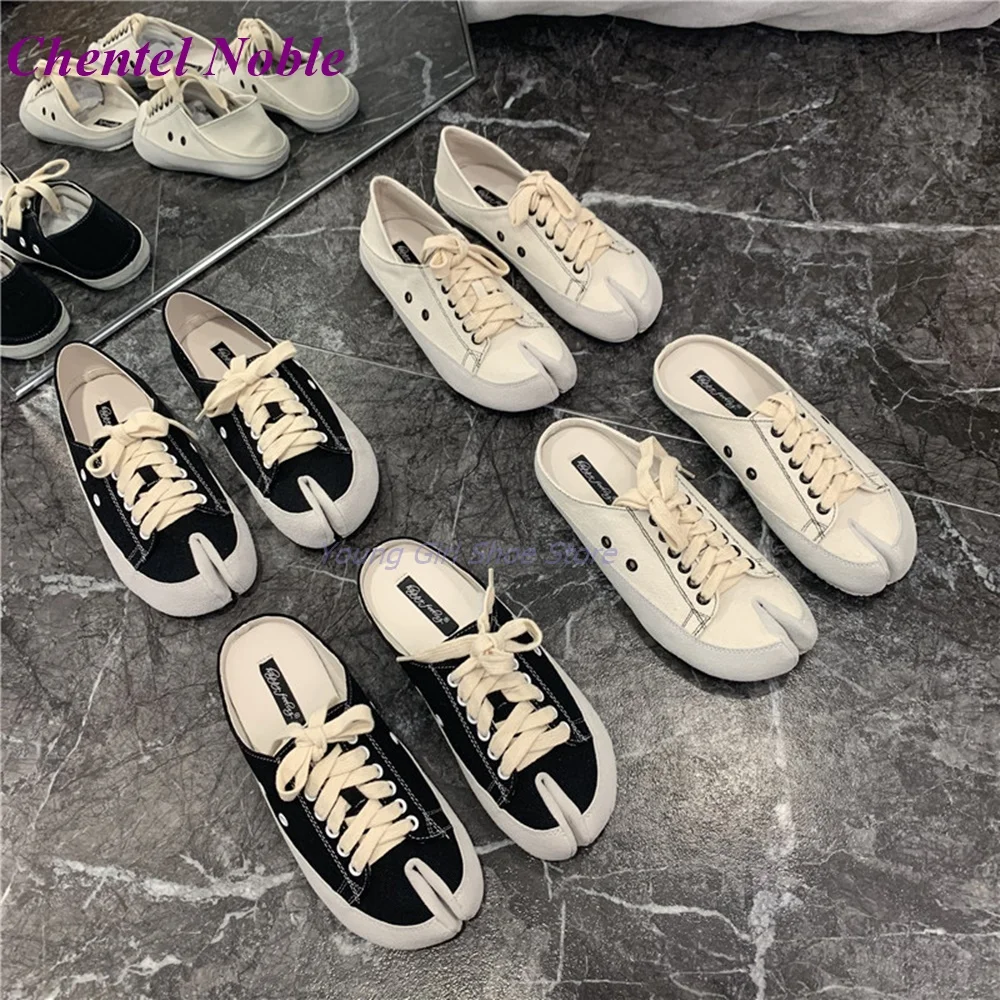 

Flat Canvas Niche Toe Shoes Casual Daily 2024 New Arrival Single Spring Round Toe Black White Unique Lace Slipper