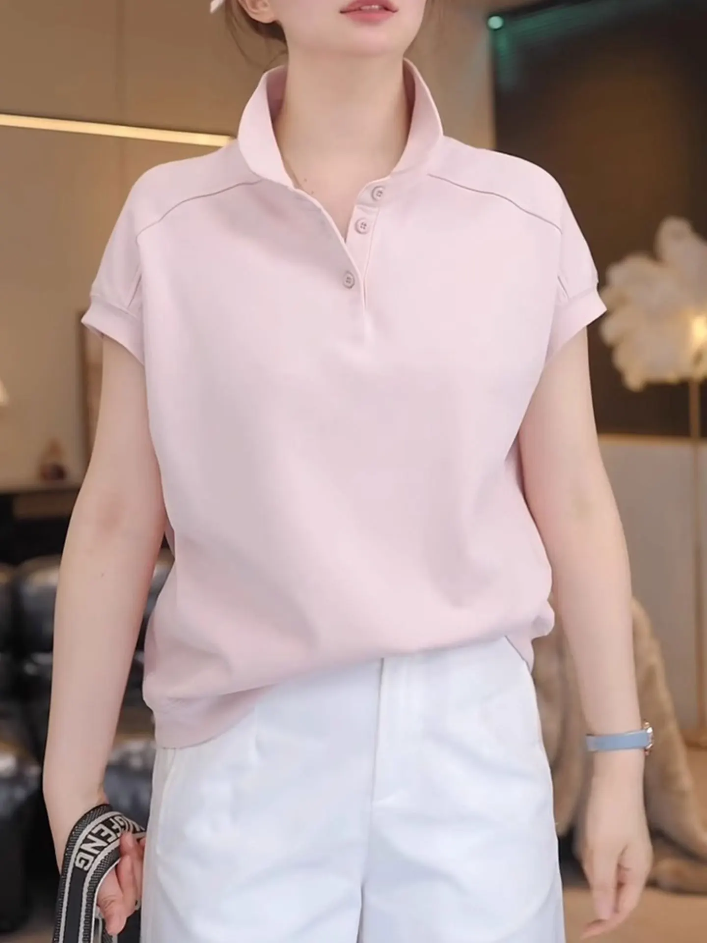 

Летняя футболка Ele Summer с коротким рукавом, однотонная, простой дизайн, с пуговицами на плечах, круглый вырез, для повседневной носки, в корейском стиле