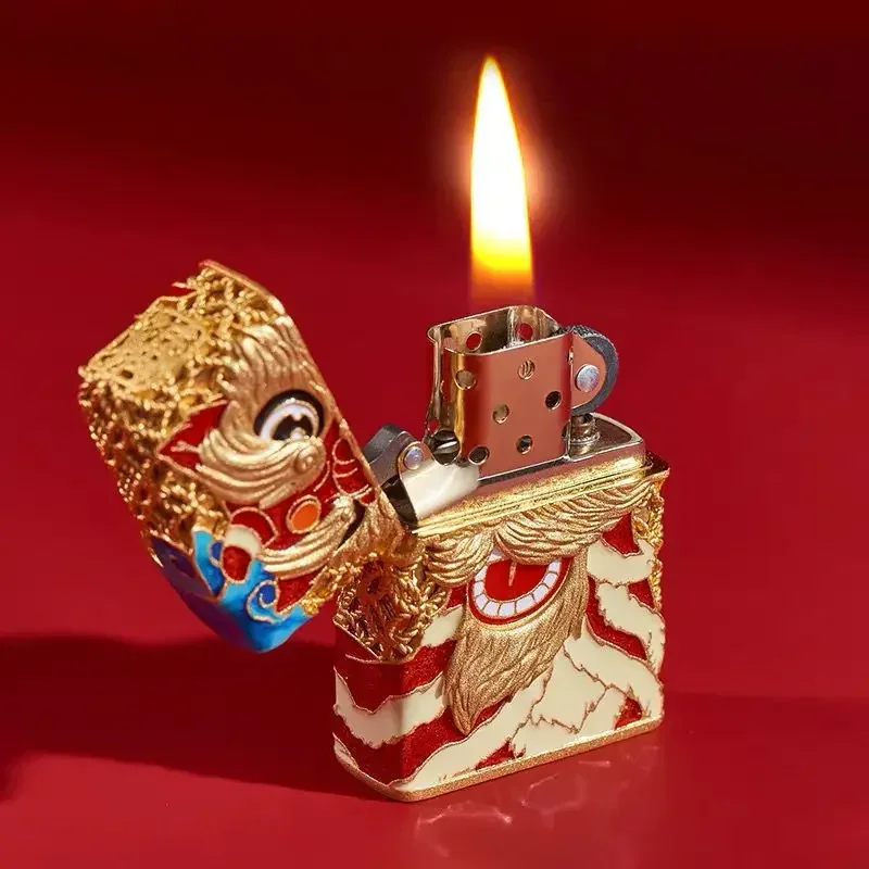 Chinese Mythical Beast Kirin Gold Thread Inlaid High-end Retro Kerosene Cigar Lighter Outdoor Barbecue Cigar Men's Gift