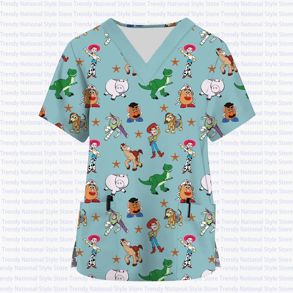 Women's Uniform Animal Print Cartoon Disney Buzz Lightyear V-neck Top Women's Nurse Work Clothes Medical Surgery Uniform
