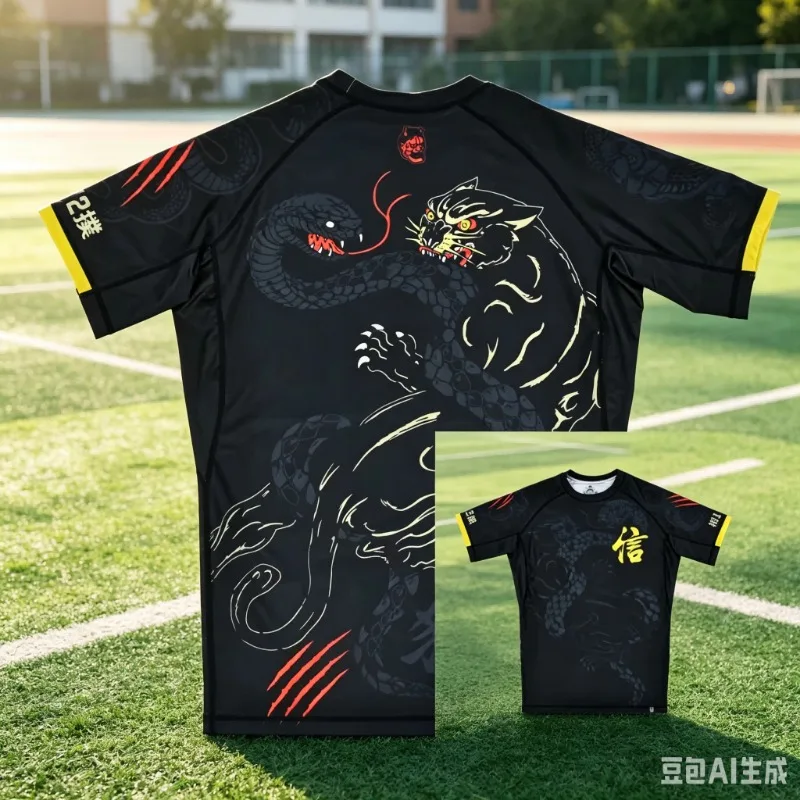 2026 Summer Quick Dry Jiu Jitsu Rash Guard Tiger Snake Battle Claw Mark Chinese Character Cuff Short Sleeve Training Top Kids