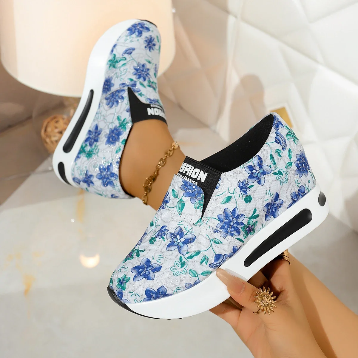 New Arrival Women Floral Canvas Platform Loafers Slip‑on Wedge Sneakers Round Toe Non‑Slip Casual Daily Shoes Plus Size - view 4