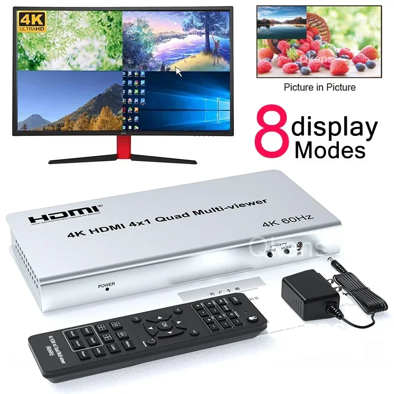 4K 60 Hz HDMI 4x1 Quad Multi Viewer 2 4 in 1 Out HDMI Multiviewer Nahtloser Schalter 90 °   180 °   270-Grad-Flip-PIP-Bild im Bild