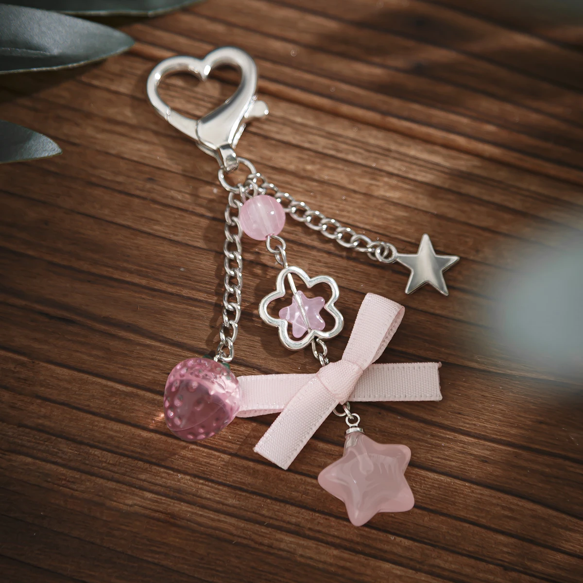 Ingemark Exquisite Pink Bow Pentagram Pendant Keychain Women Stylish Sweet Glass Bead Sliver Color Bags Key Ring New Jewelry