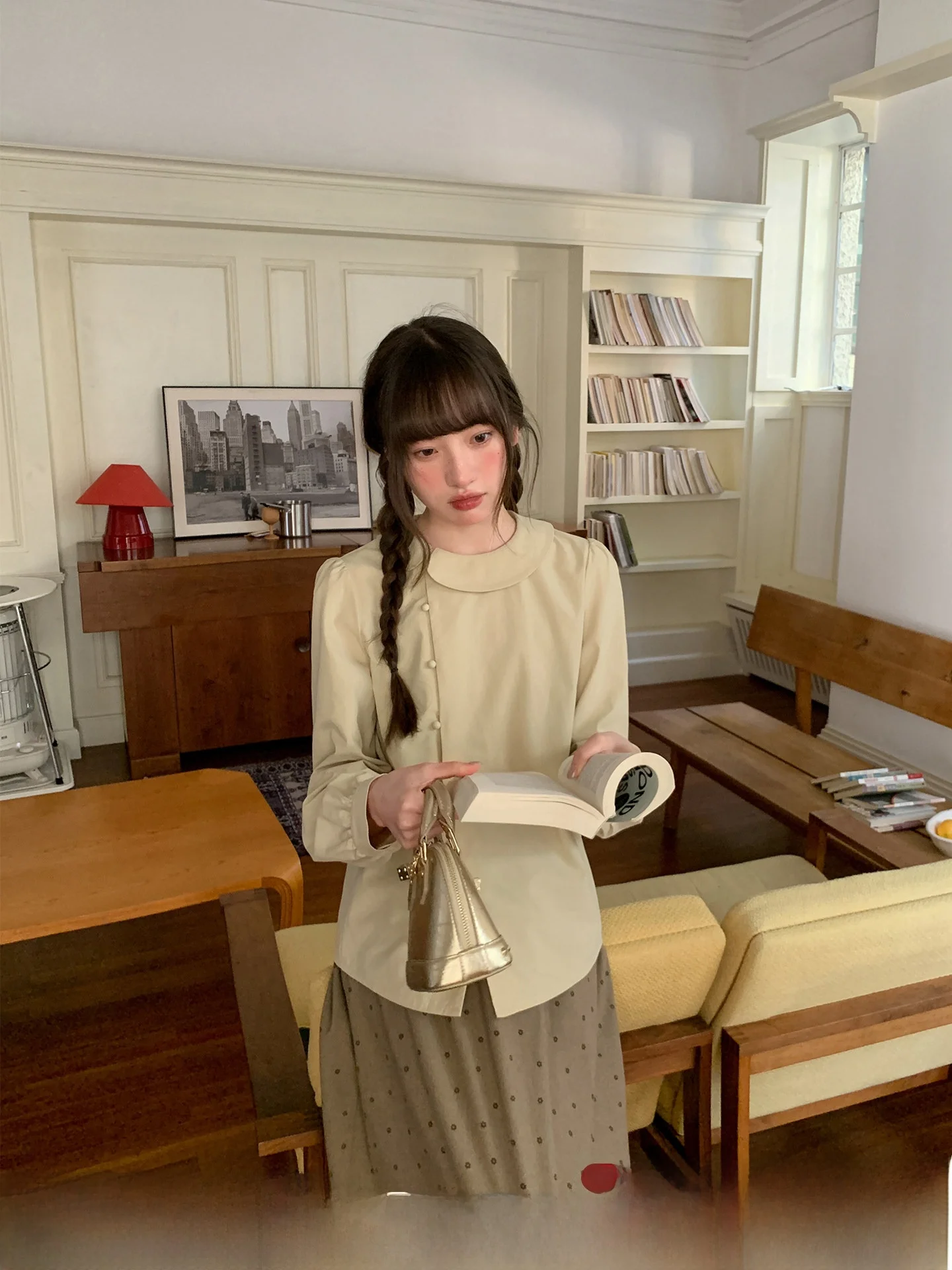 

Женская весенняя рубашка с длинным рукавом и воротником-стойкой в корейском ретро-стиле, на пуговицах, повседневная, элегантная верхняя одежда