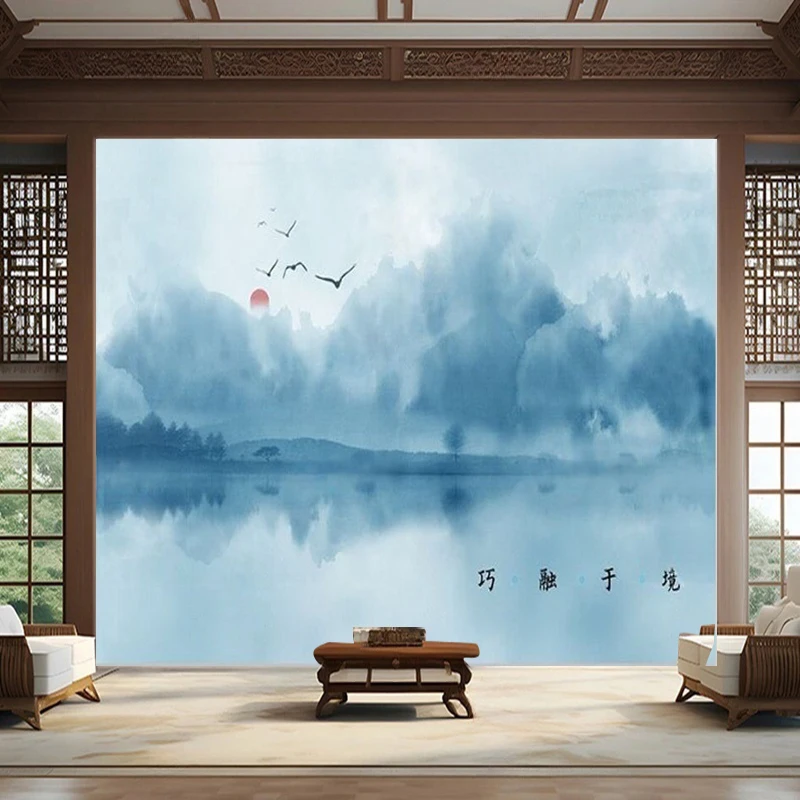 新しい中国風の芸術的コンセプトの水墨画自然風景リビングルームテレビ背景壁カスタムメイド