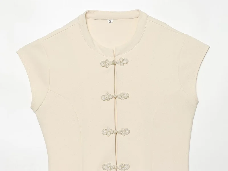 MUJER Tanktops mit chinesischem Knoten für Damen, Sommer, ärmelloses Weste-Top, Damen-Streetwear, Urlaubstop, Damen-Retro-Top, figurbetontes Top für Damen – Detail 5