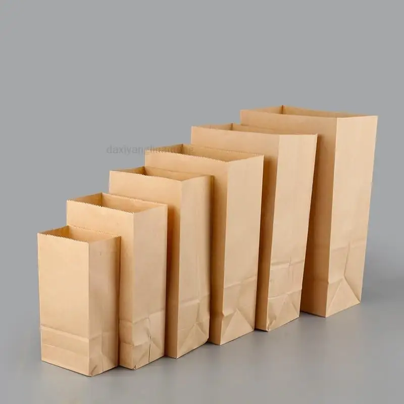 100pcs 7 Sizes New Kraft Paper Bag Baking Bread Bag Nut Toast Food Snack Biscuits Square Bottom Packing Paper Bag fast shipping