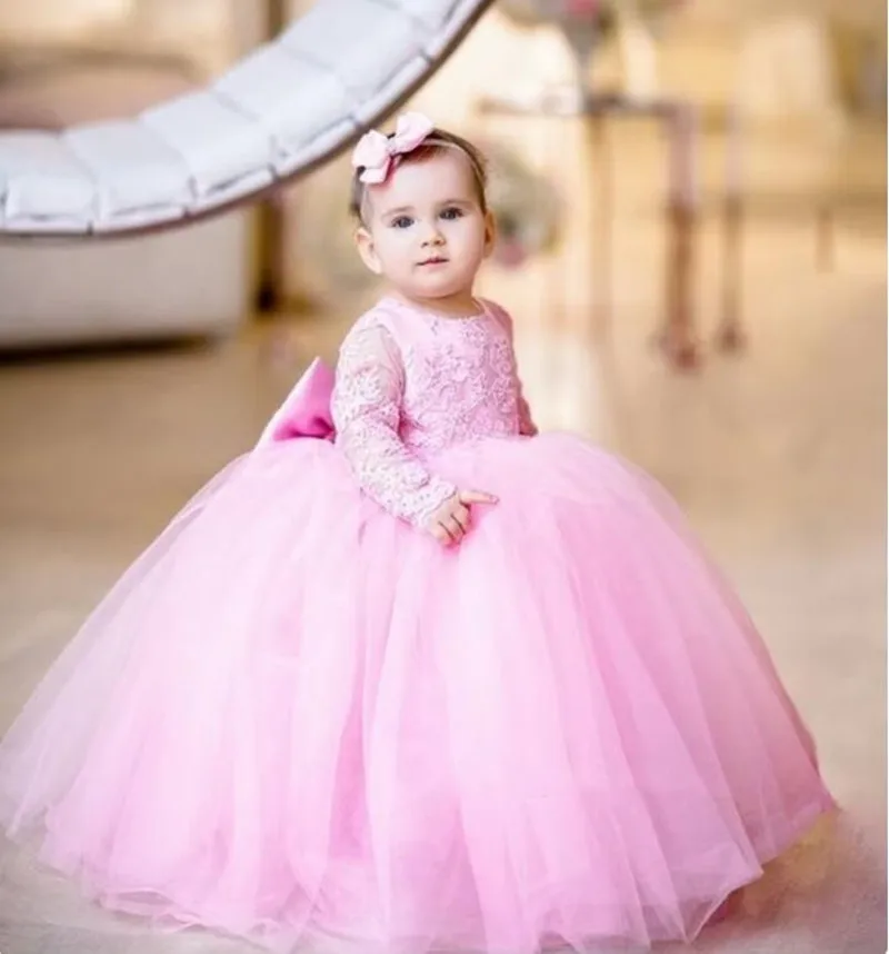 Robe de premier anniversaire rose pour bébé fille, avec grand nœud, en dentelle et tulle, manches longues, robe de baptême Lolita, nouvelle collection