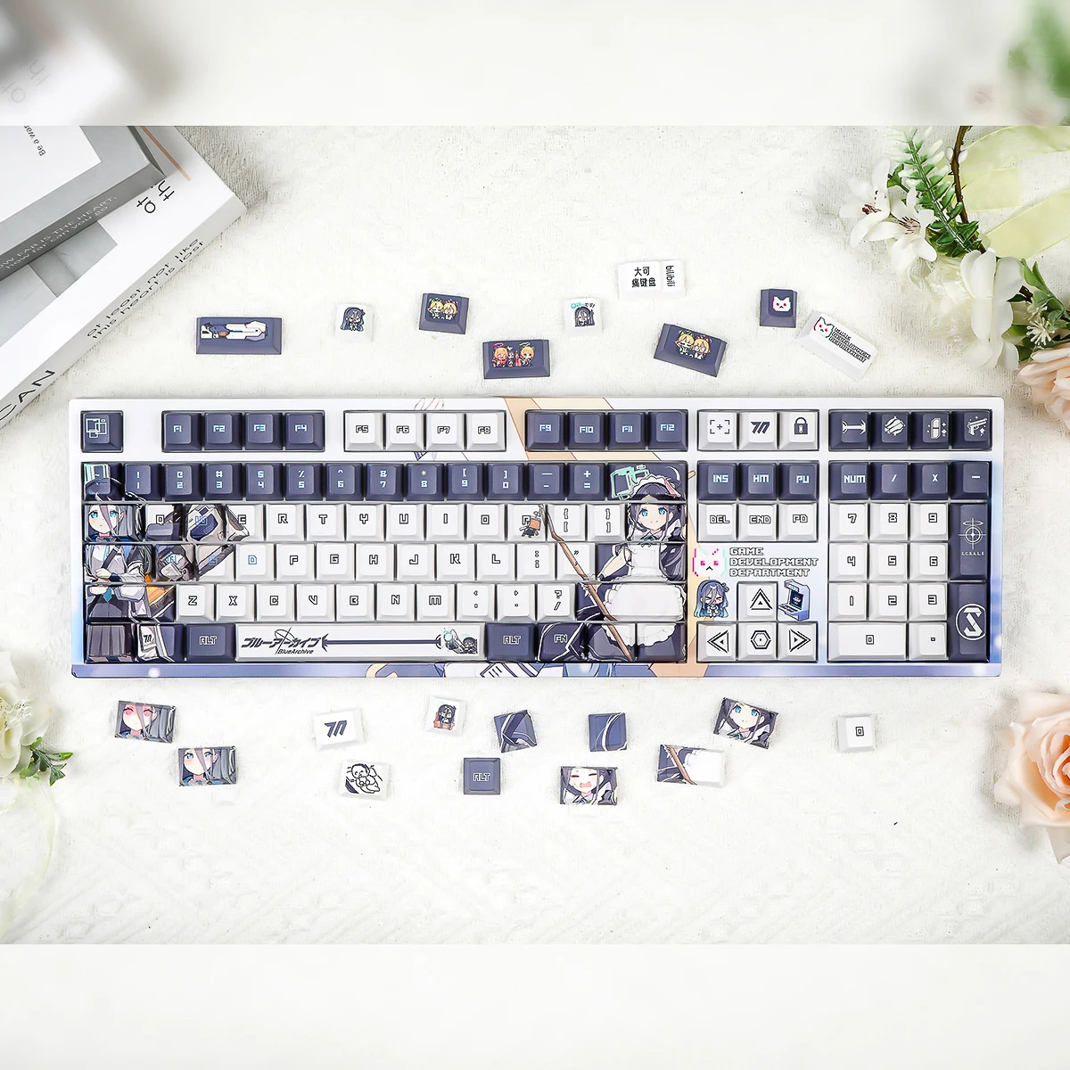 Tendou Alice 128 PBT Blue Archive Game DYE Sublimation Key Cover Cherry Cross MX Switch Key Caps for Mechanical Keyboard Gift