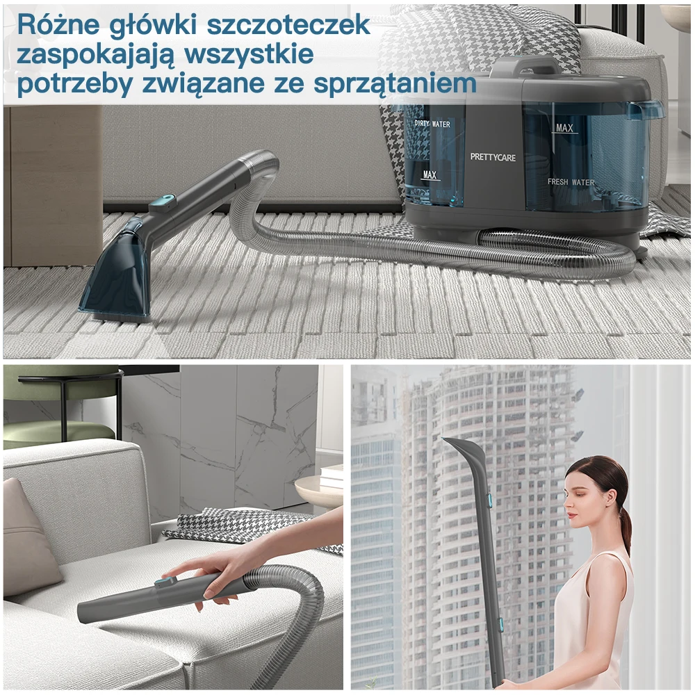 PrettyCare Cordless Fabric Vacuum Cleaner PC808 Carpet Vacuum Cleaner 15Kpa 1.4m Hose Portable Spot Cleaner with 1.7L Water Tank