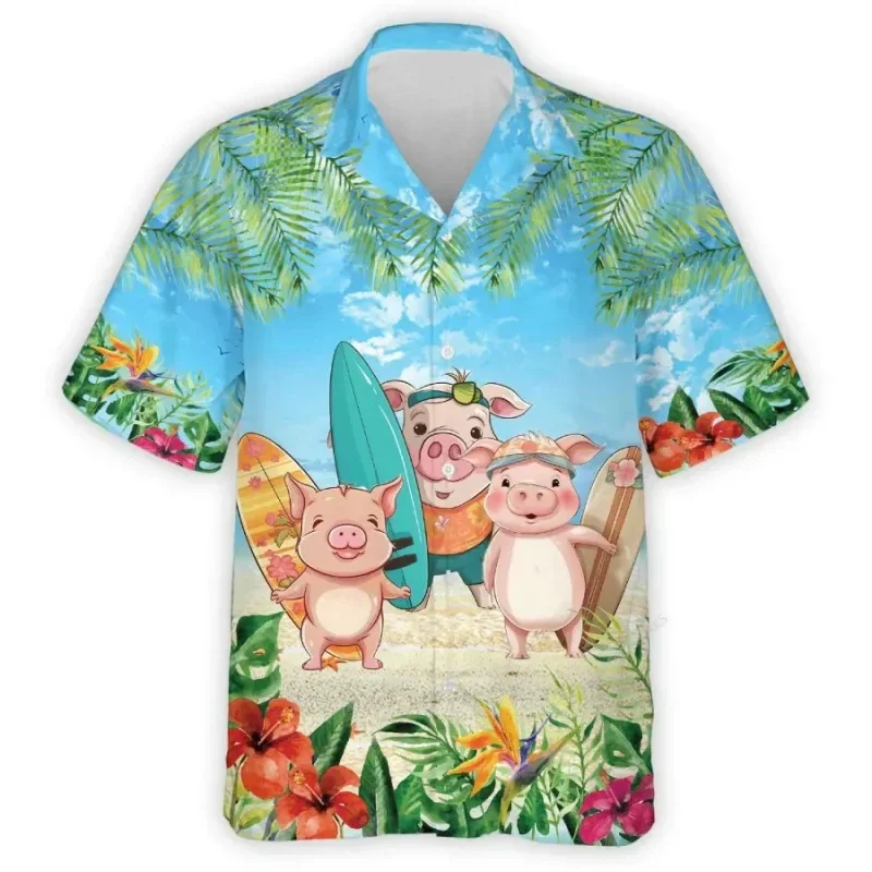 

Гавайская забавная рубашка для мужчин, милая свинья, 3d принт, летние гавайские пляжные топы, повседневная блузка с короткими рукавами и лацканами, уличная мужская одежда