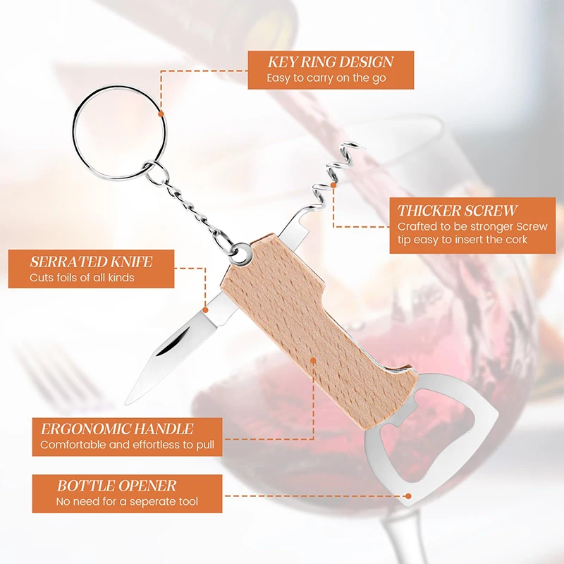 20Pcs Multifunction Pocket Wine Bottle Opener Keychain Portable Wooden Waiter Corkscrew