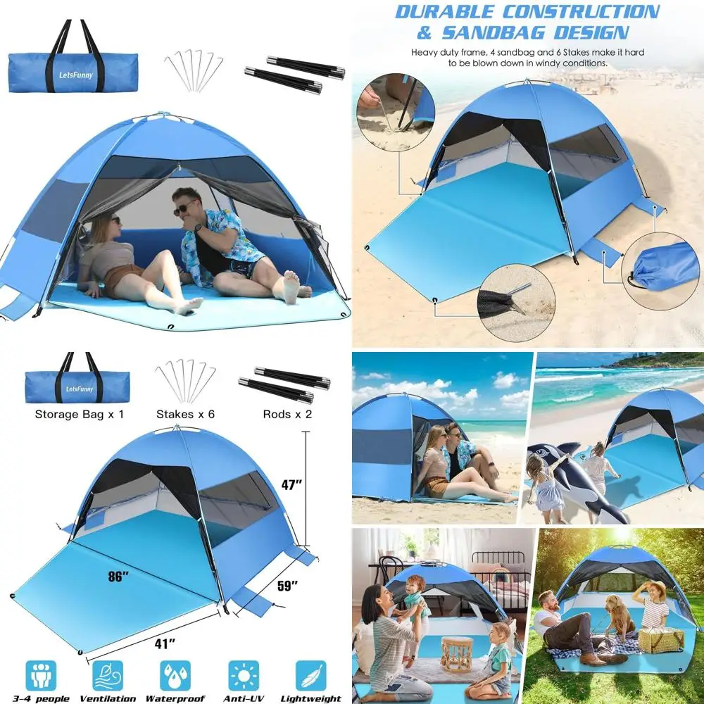 

Портативная пляжная палатка на 3-4 человека с защитой от солнца 50+ UPF, быстрой установкой, расширенным полом и сетчатыми окнами — идеально подходит для кемпинга и