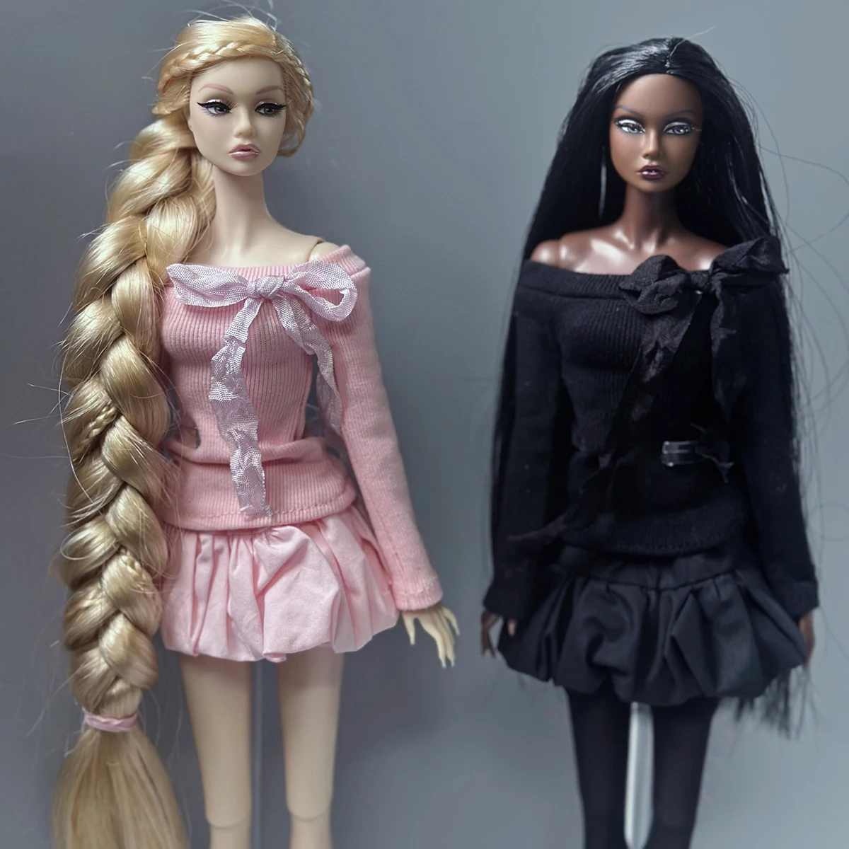 1/6 Doll Clothes Accessories Sweet Pink/Black Bow Off-the-shoulder Top + Bubble Short Skirt Set For 30cm FR Babi Supermodel Doll