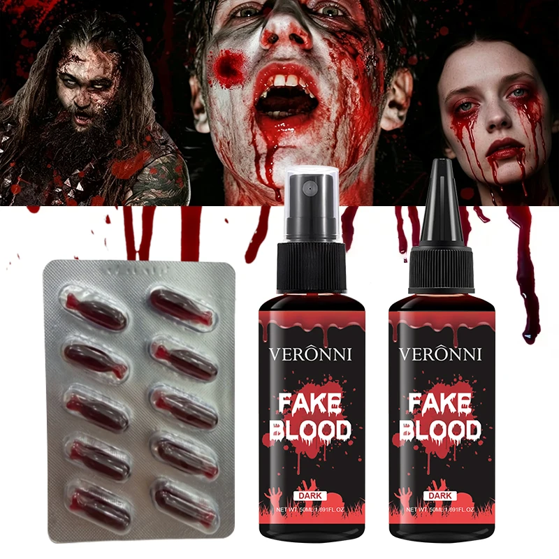 Fake Blood Spray Plasma Capsules Sets,Washable Fake Wounds Makeup for Halloween Vampire Zombie Monster Stage Blood Spray Blood