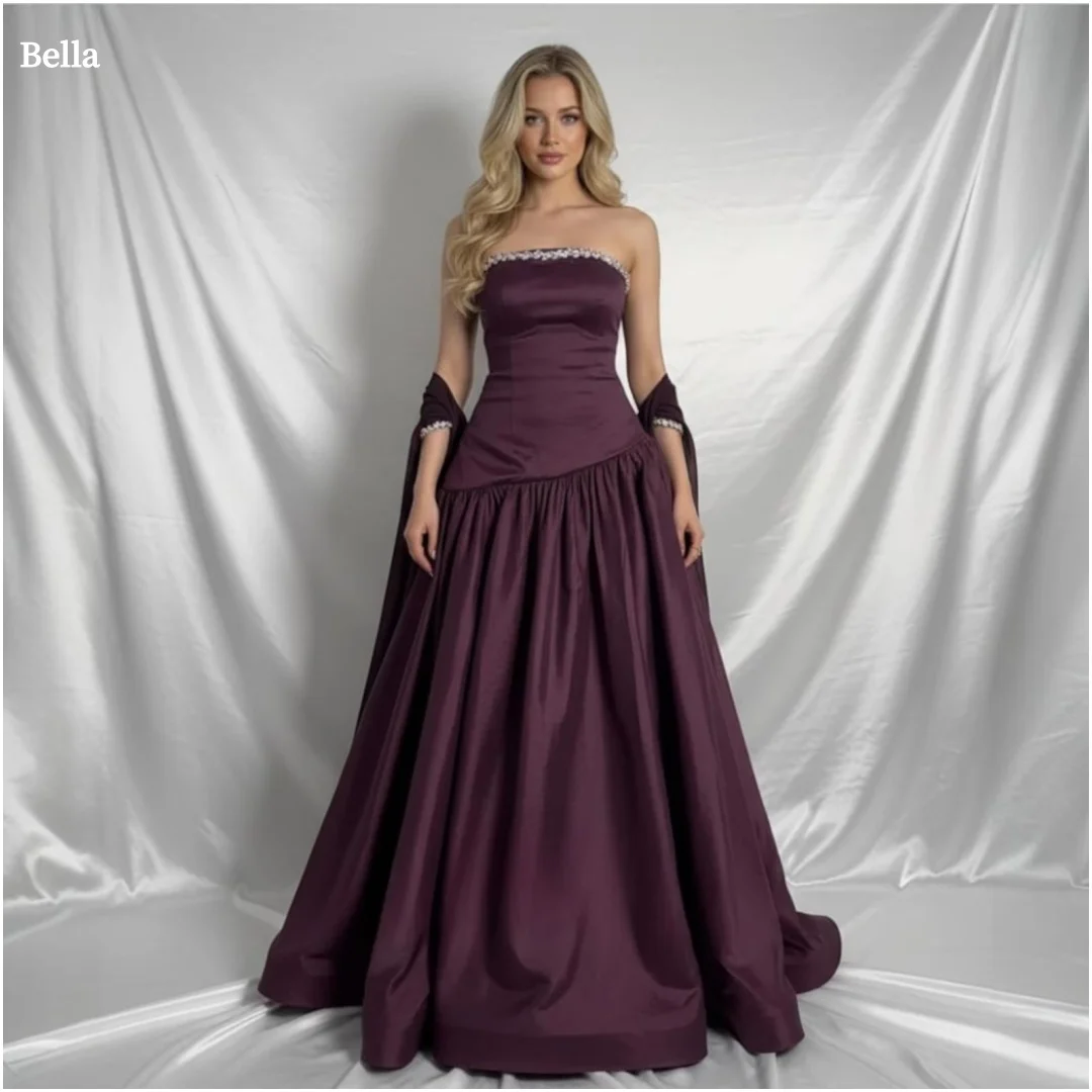 

Bella Customized Red Glitter Strapless Backless robes de soirée Sleeveless Satin A-line Party Dresses Floor-Length Prom Dress