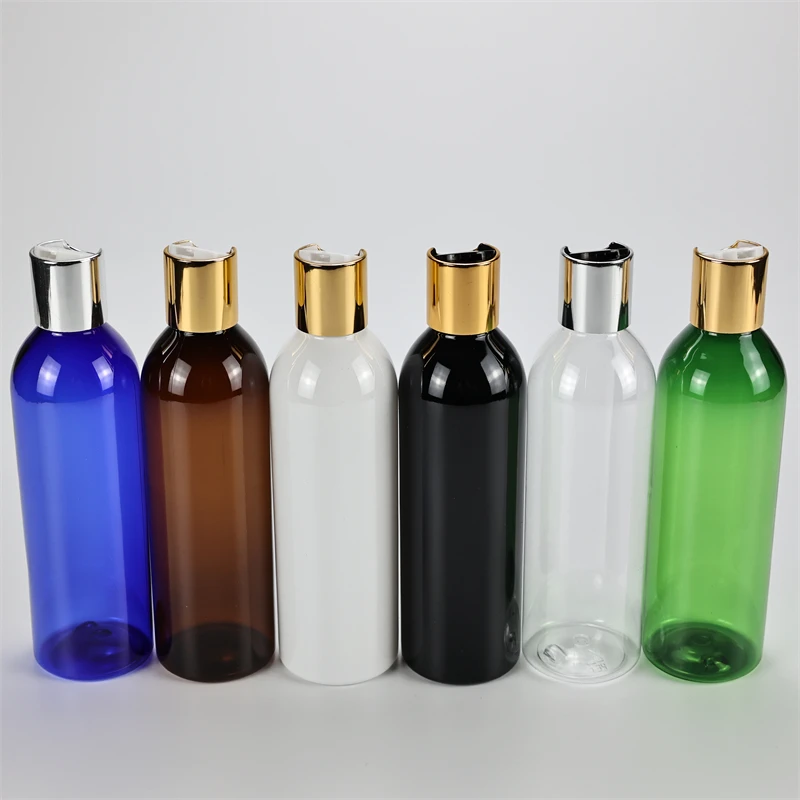 

25 X 250ml White Black Transparent Plastic Bottle With Gold Disc Cap Essential Oils Cosmetic Packaging Shampoo Lotion Containers